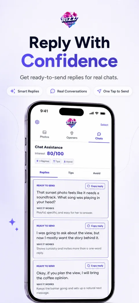 Rizzman app preview showing smart chat reply suggestions