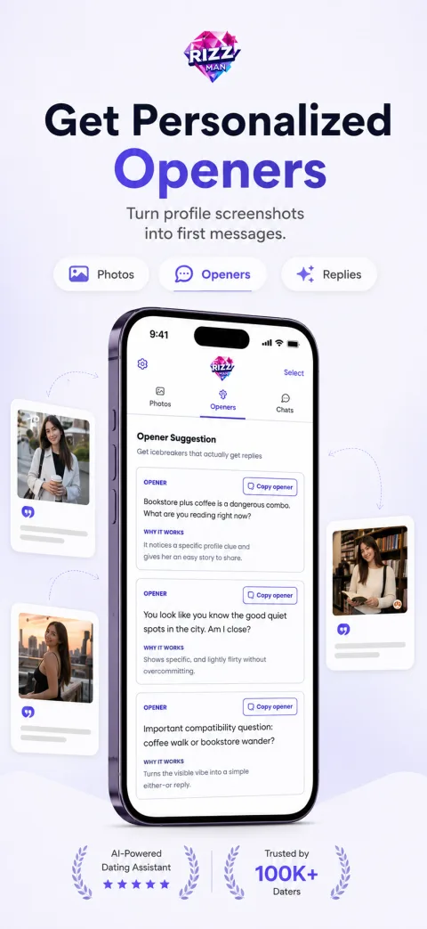Rizzman app preview showing personalized opener ideas