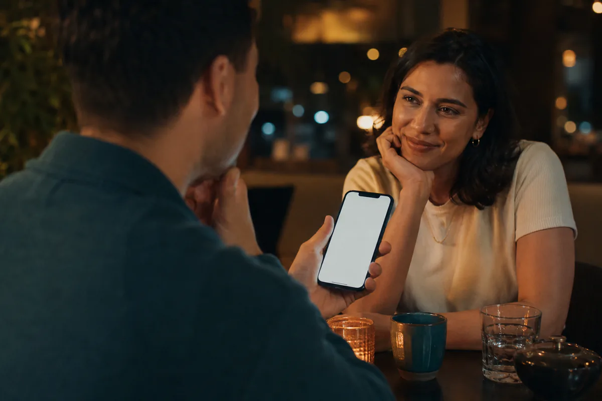 A man shows a blank phone screen to a smiling woman across a café table.