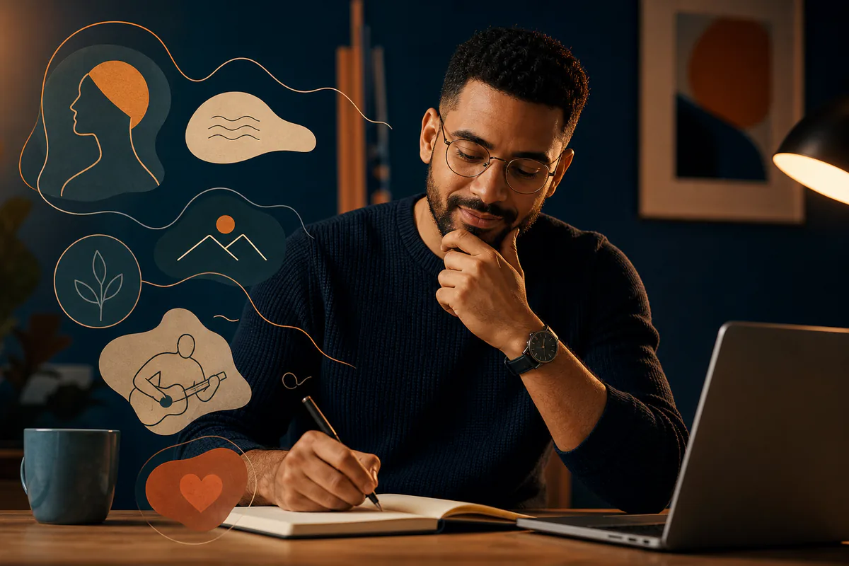 A man writes in a notebook beside symbols for personality, hobbies, and connection.