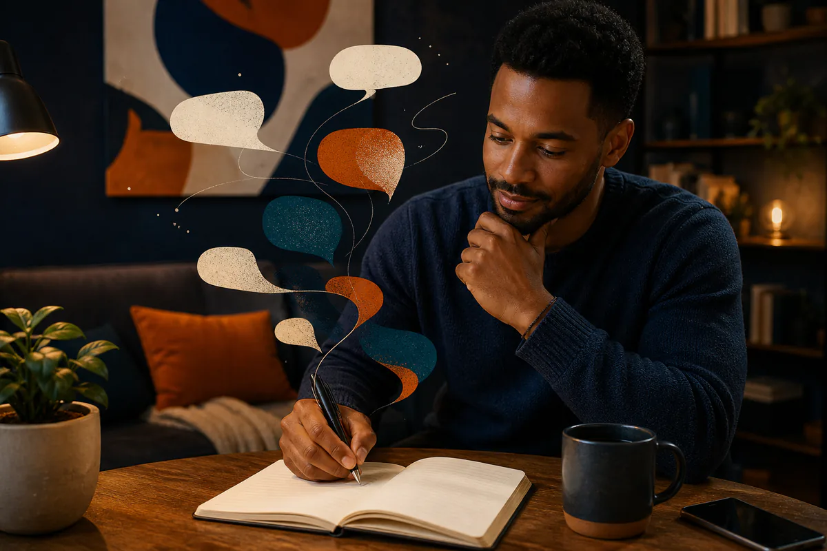 A man writes in a notebook as abstract speech bubbles gather beside him.
