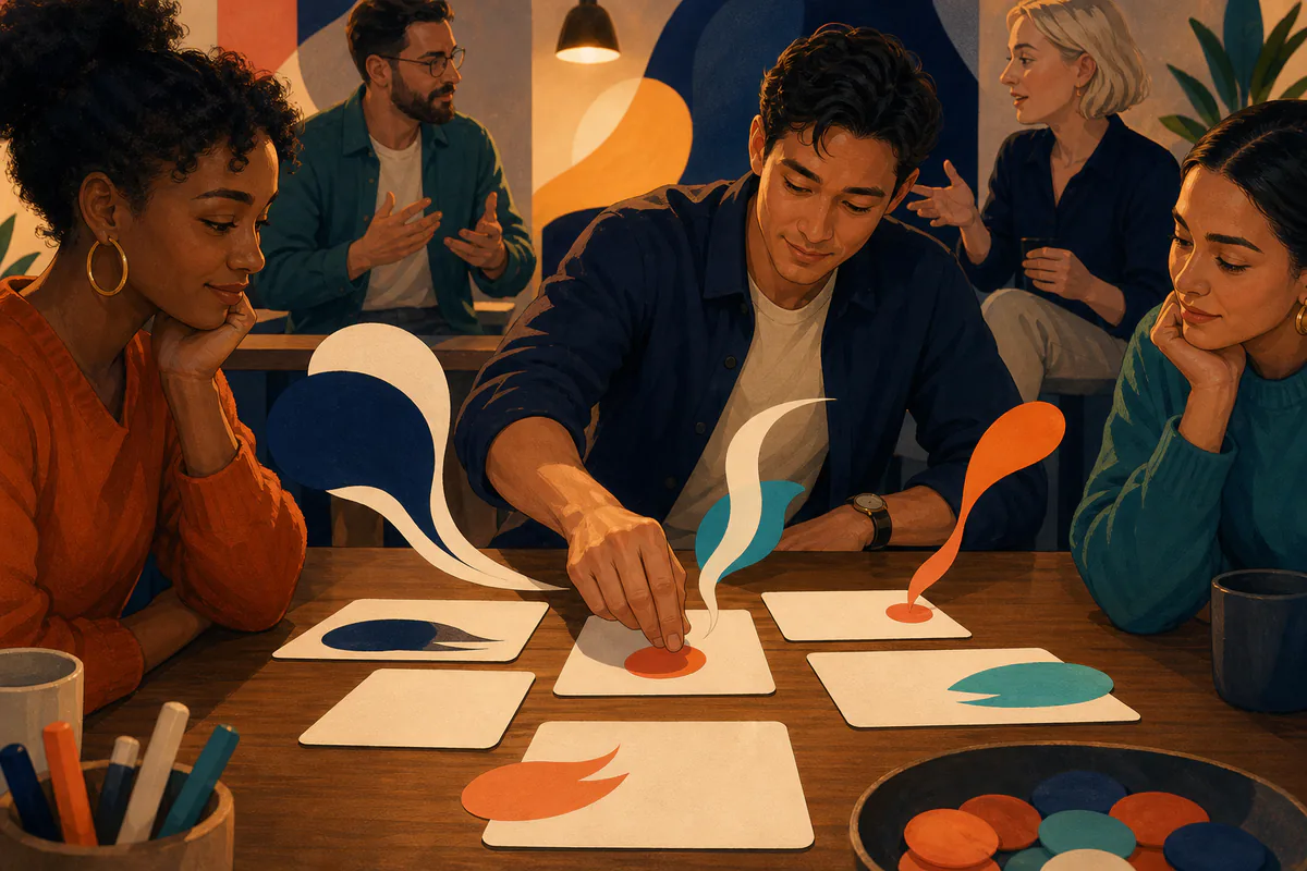 Four adults compare abstract speech cards during a collaborative messaging workshop.
