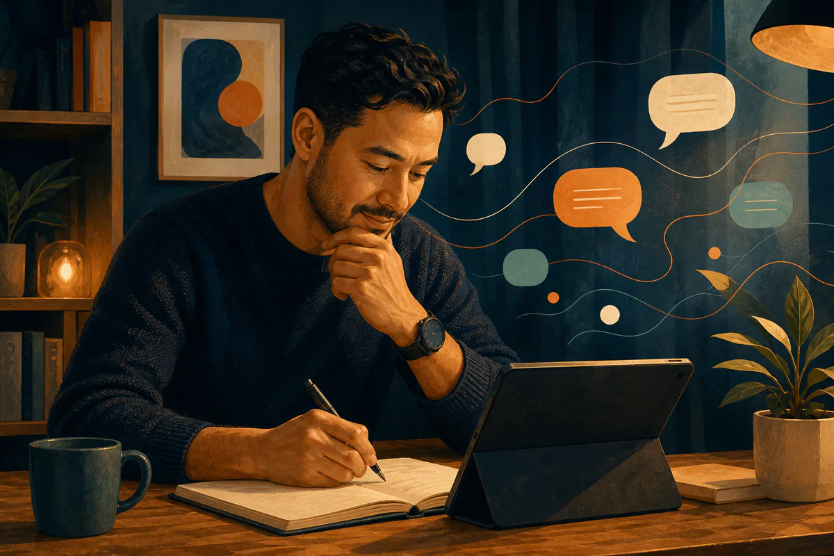 A man takes notes beside a tablet while connected speech bubbles float behind him.