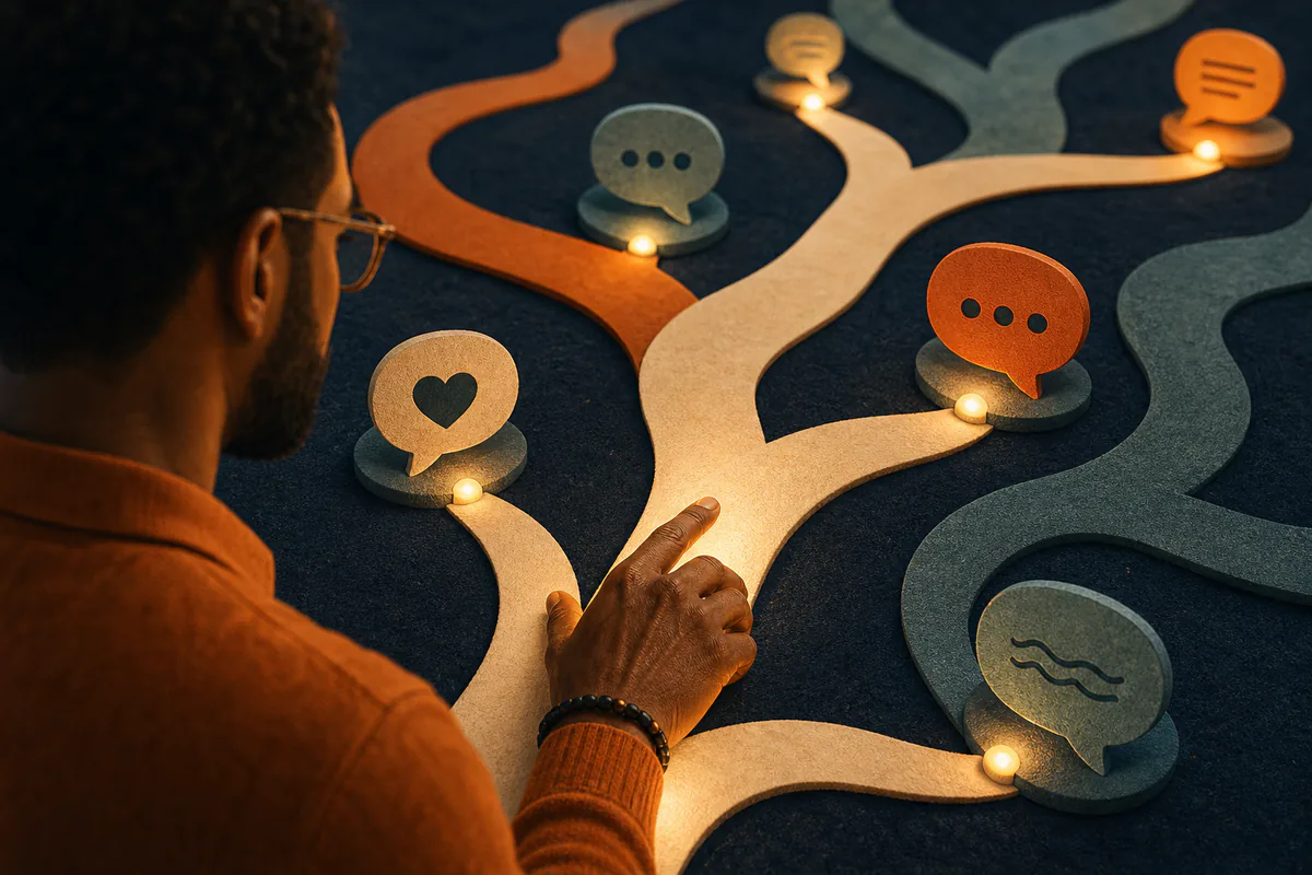 A man traces branching conversation paths marked with speech and heart symbols.