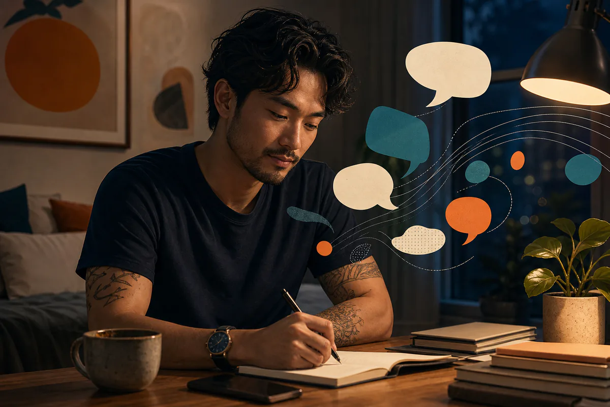 A man writes in a notebook beside a cluster of colorful speech bubbles.