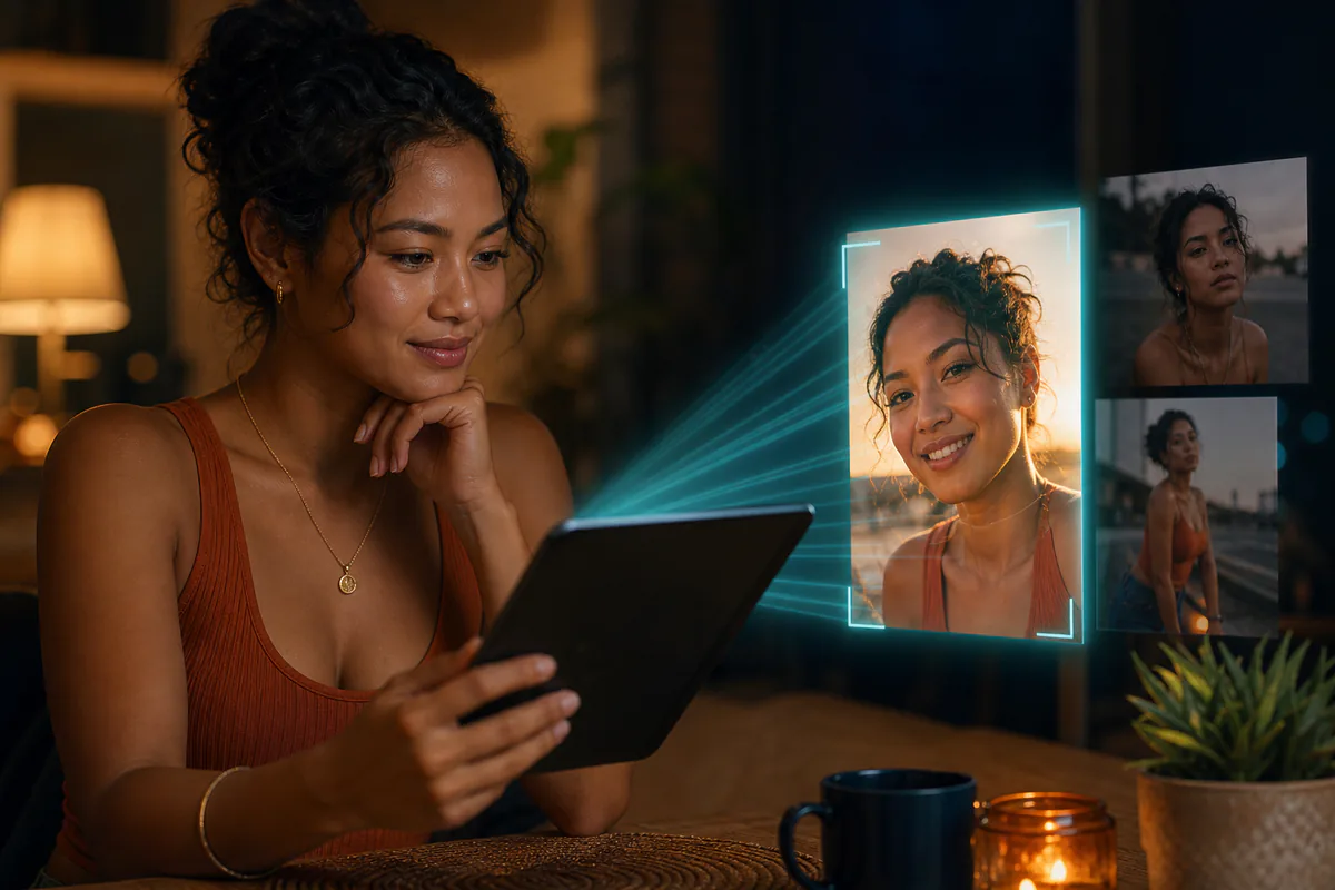 A woman compares portrait lighting and expressions projected from a tablet.