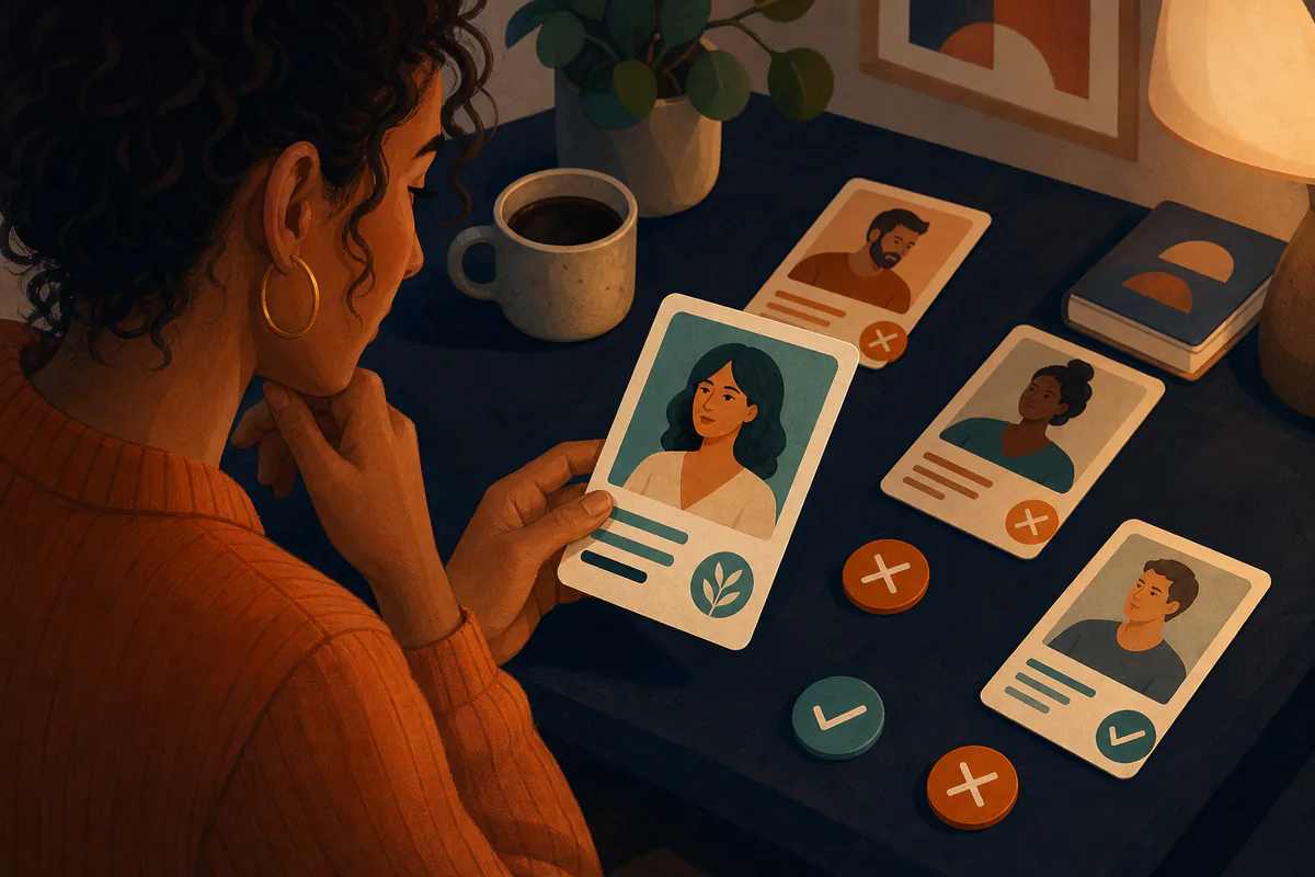 A woman evaluates illustrated profile cards marked with accept and reject symbols.