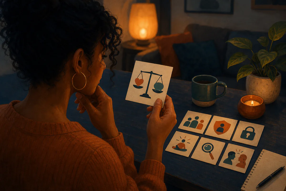 A woman considers a balance card and symbols for privacy, identity, and conversation.