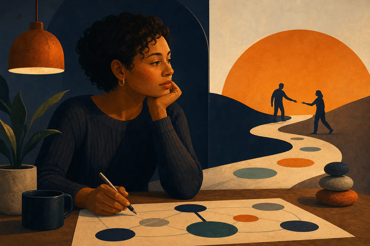A woman maps connected shapes while two silhouettes reach toward each other along a winding path.