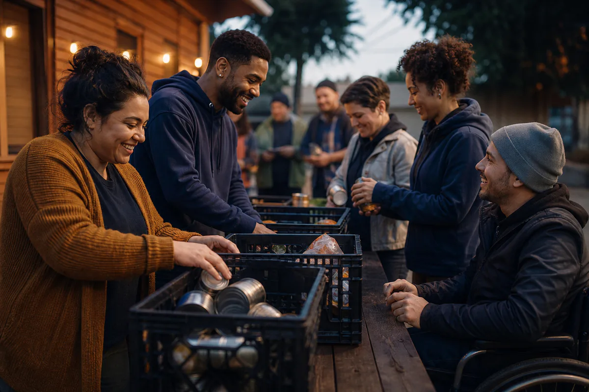 Diverse volunteers sort food donations together, including a wheelchair user.