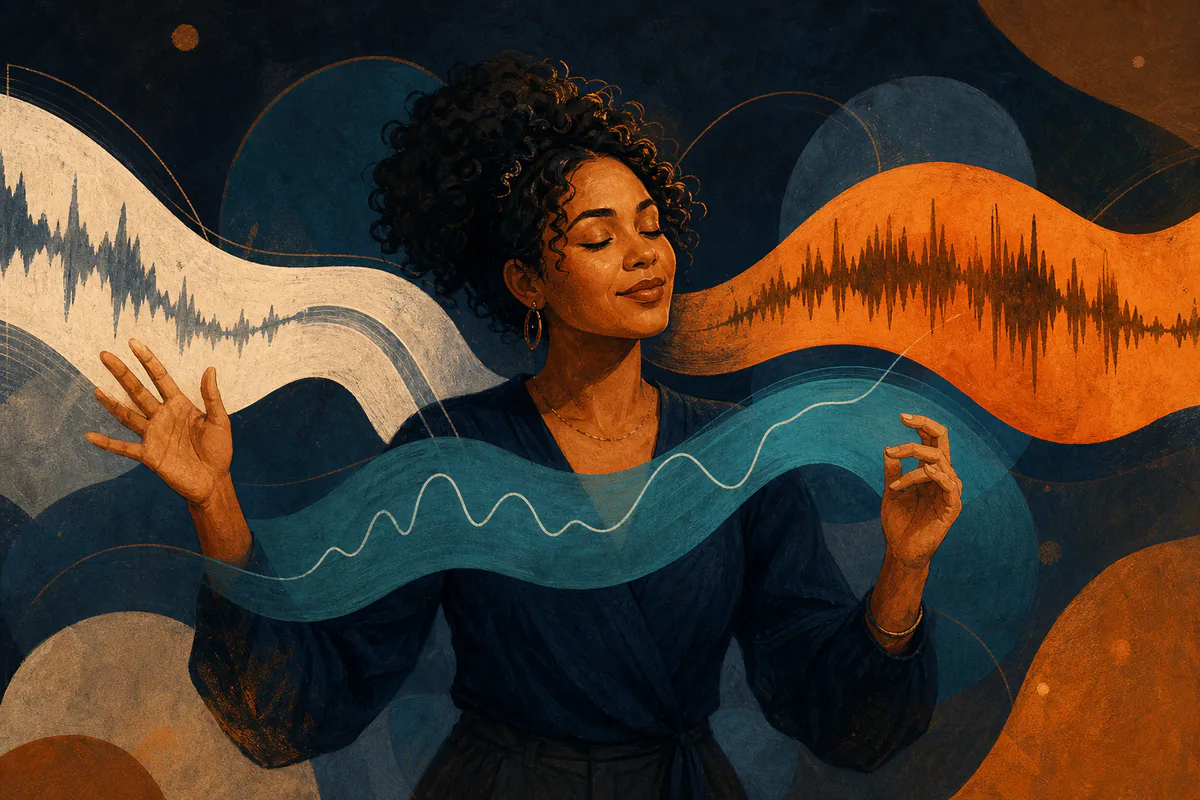 A woman balances layered waveforms representing different message tones.