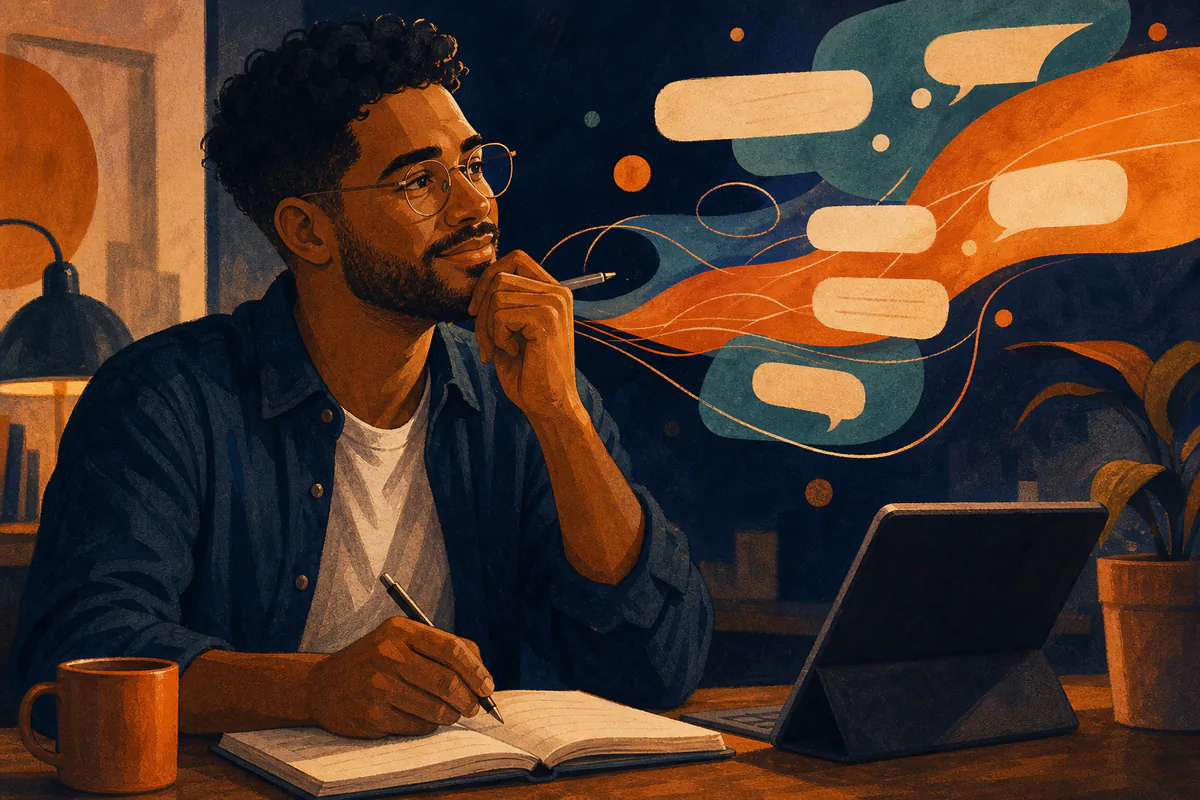 A man writes beside a tablet as abstract messages flow across the wall.