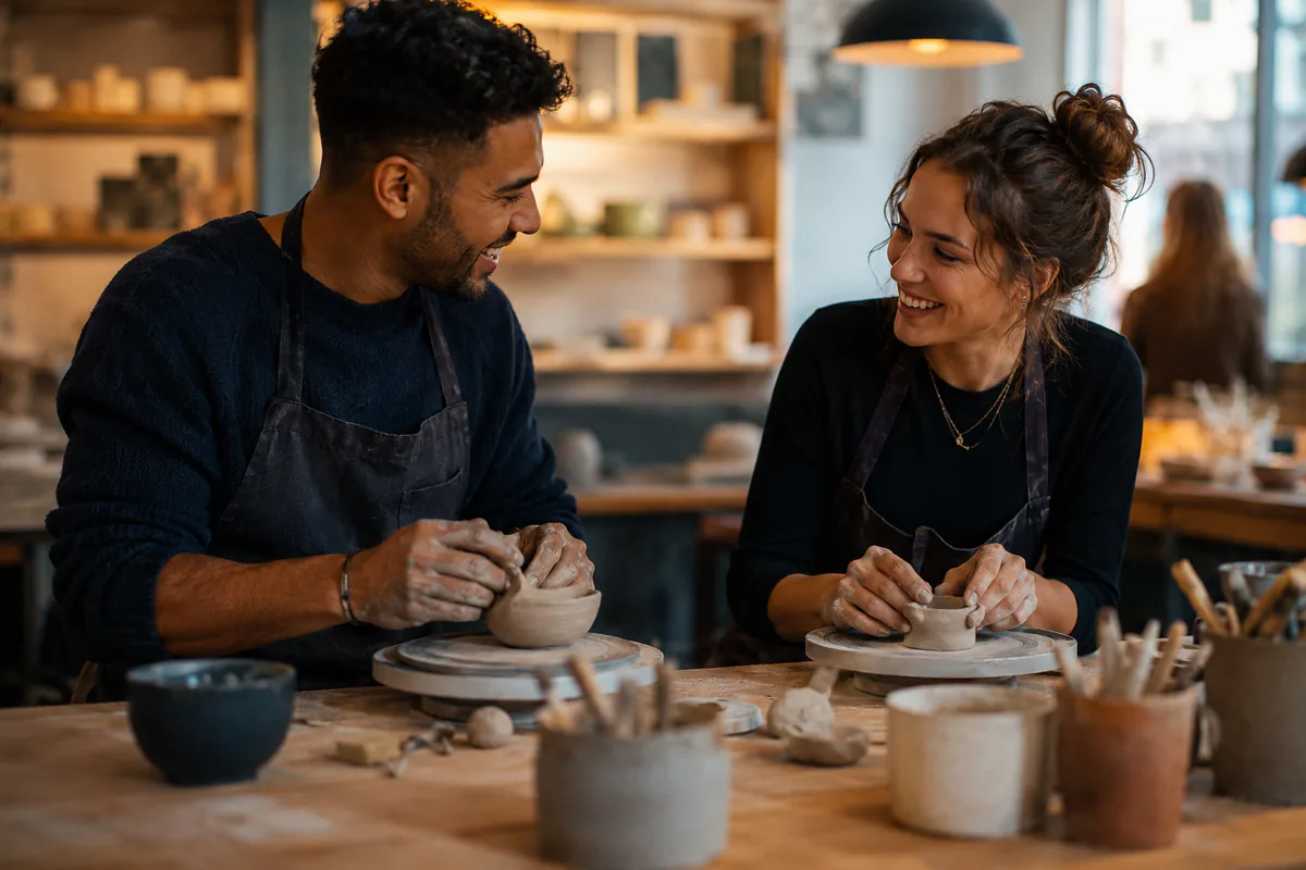 A smiling couple shapes clay side by side at a pottery class.