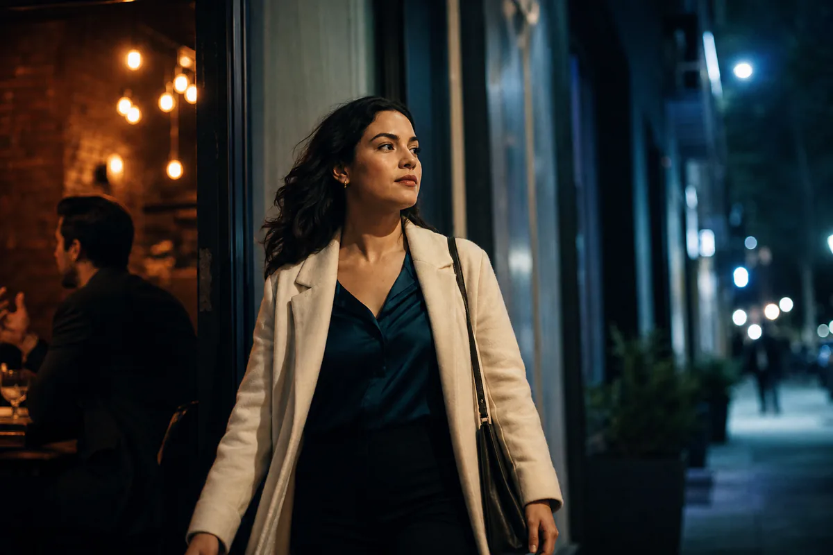 A woman leaves a warmly lit venue alone and looks ahead down a city street.