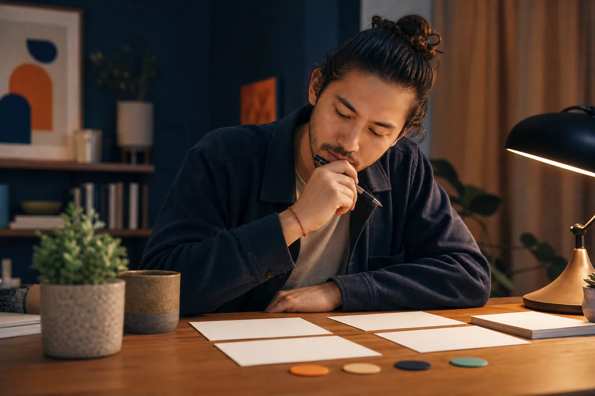 A man considers blank copy cards and colored tone markers at a desk.