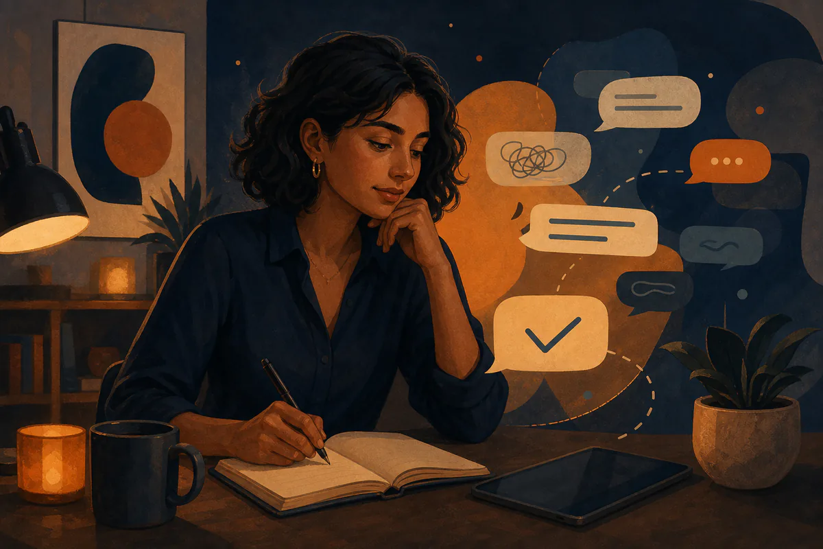 A woman writes in a notebook beneath speech bubbles showing confusion and approval.