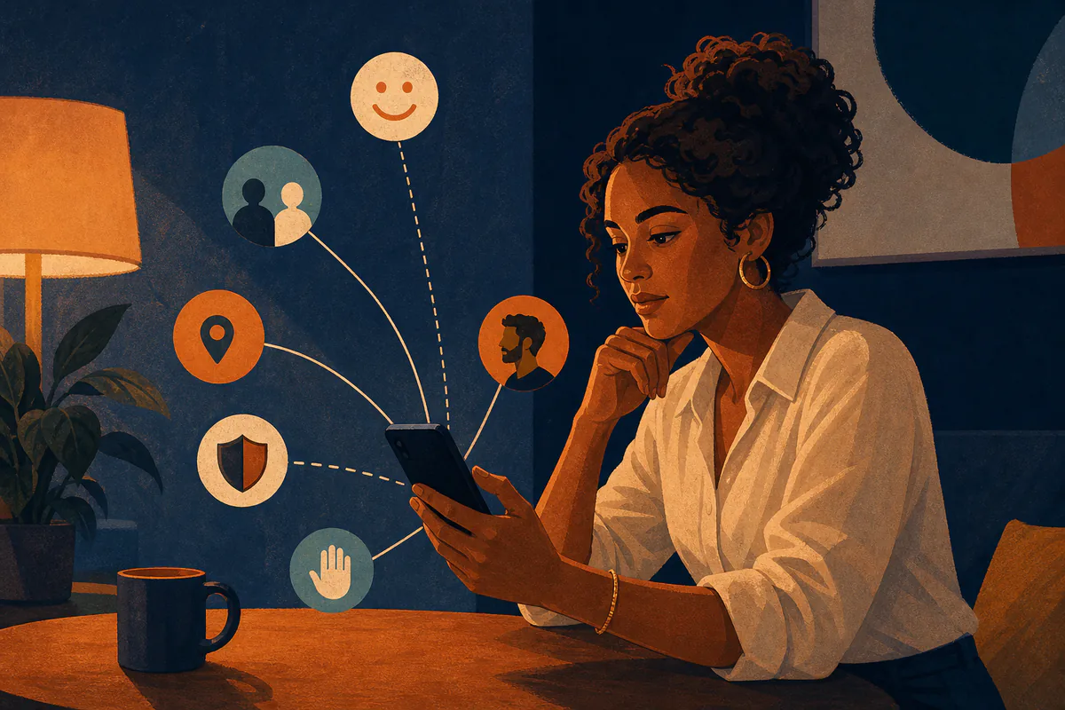 A woman reviews her phone beside icons for safety, location, profiles, and boundaries.