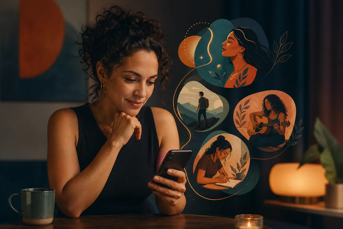 A woman reviews her phone beside illustrated scenes of travel, music, and reflection.