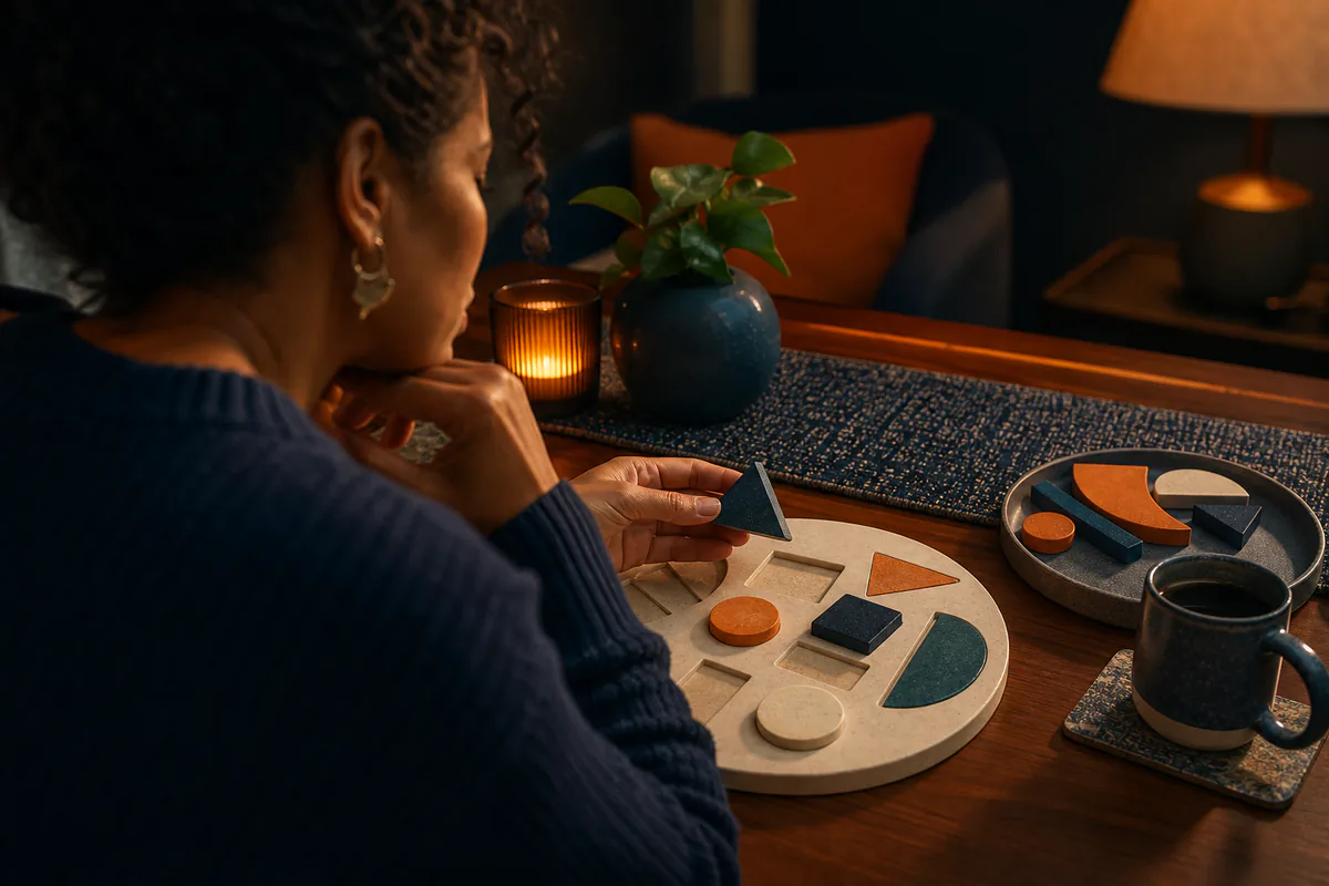 A woman arranges geometric pieces on a circular board in a quiet room.