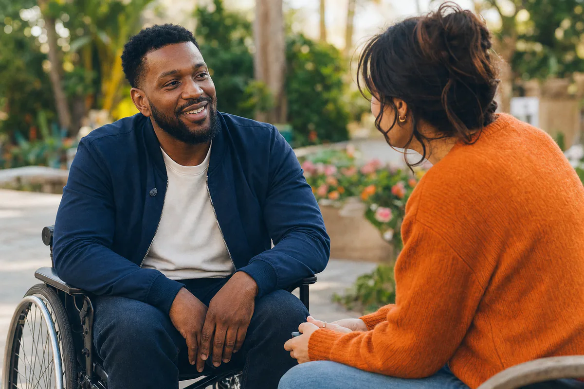 A wheelchair user talks comfortably with a friend in a flower garden.