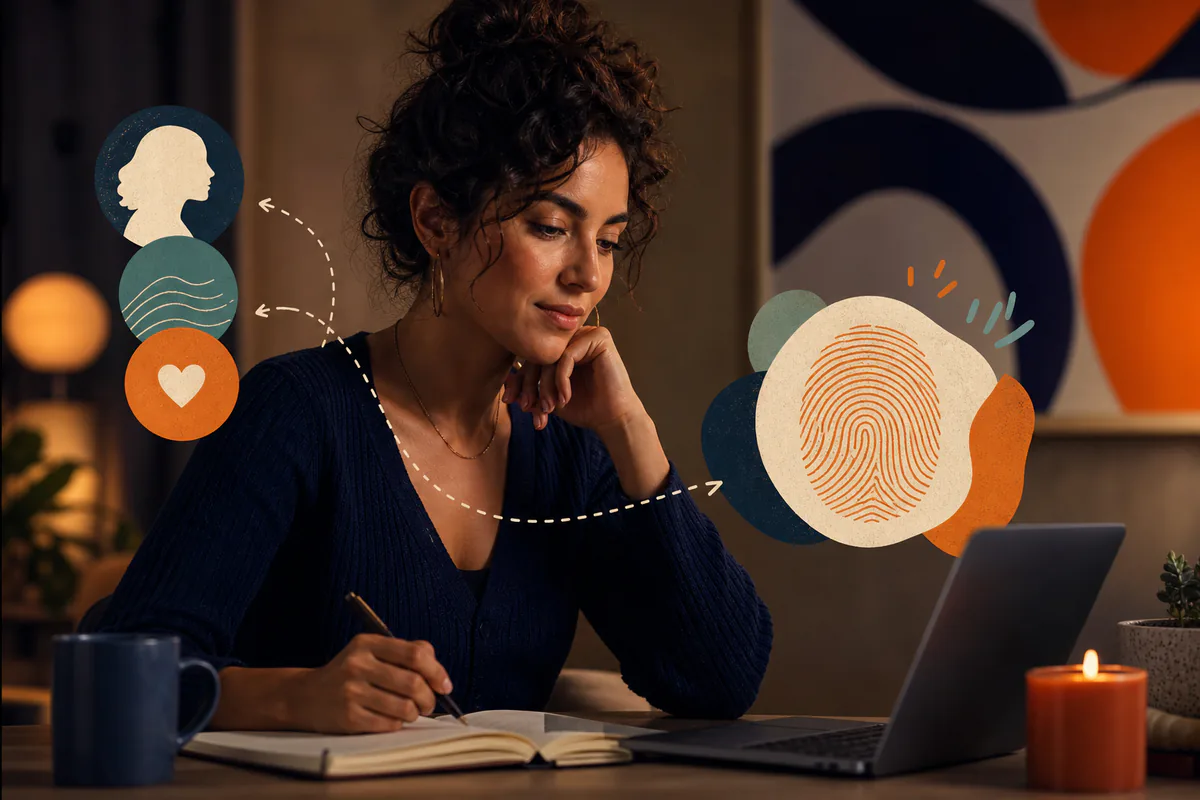 A woman plans beside a laptop as identity and audience symbols connect around her.