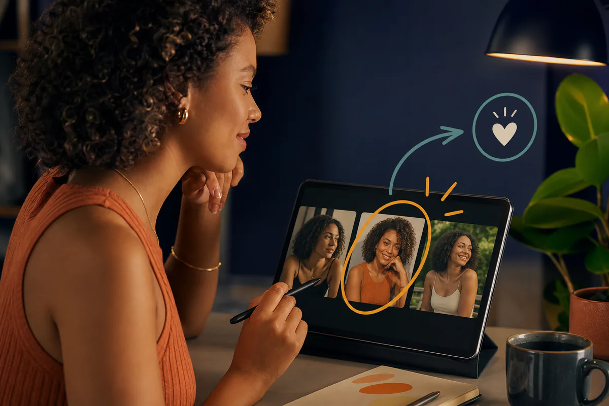 A woman chooses the strongest of three portraits displayed on a tablet.