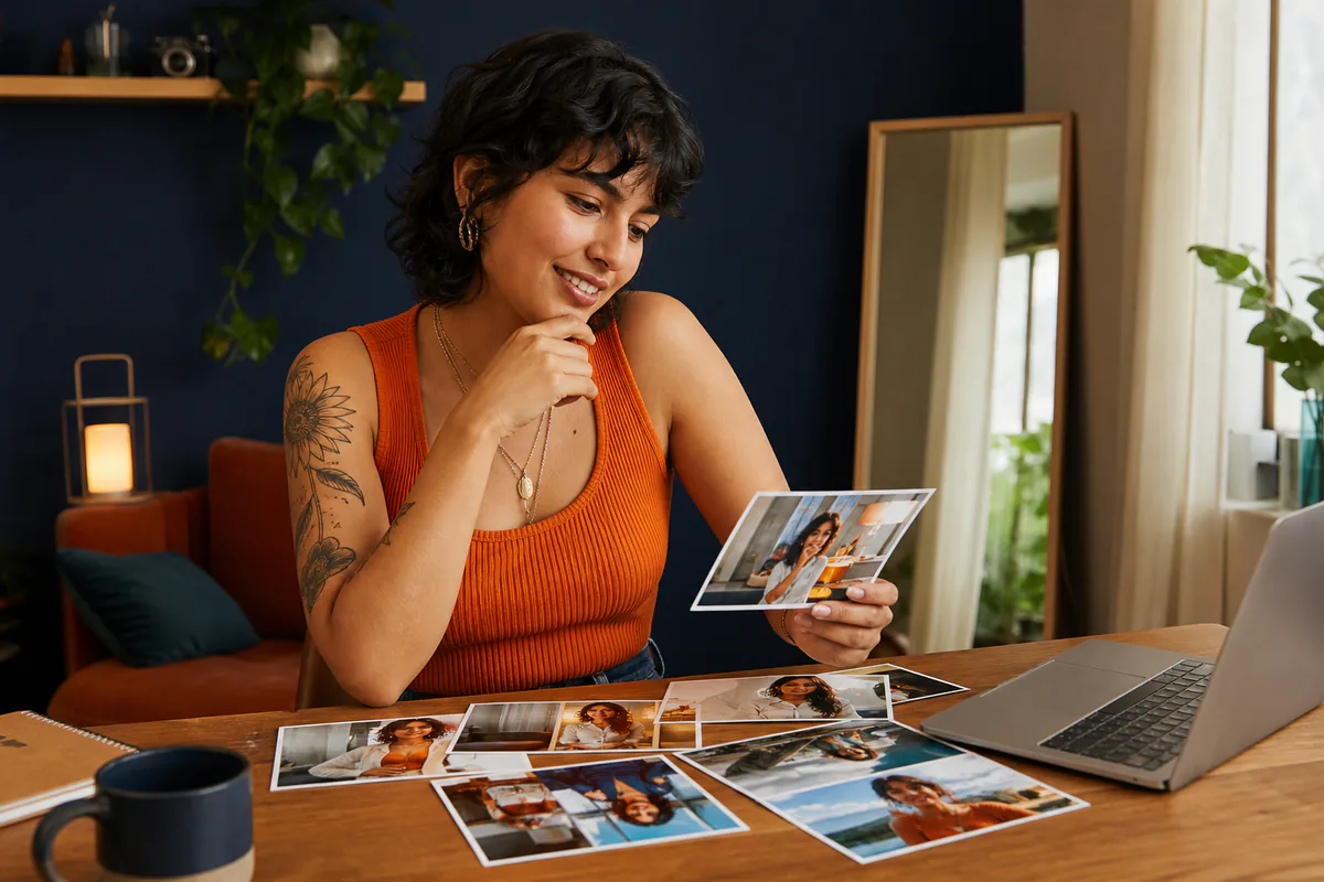 A woman compares printed portraits beside a laptop and mirror.