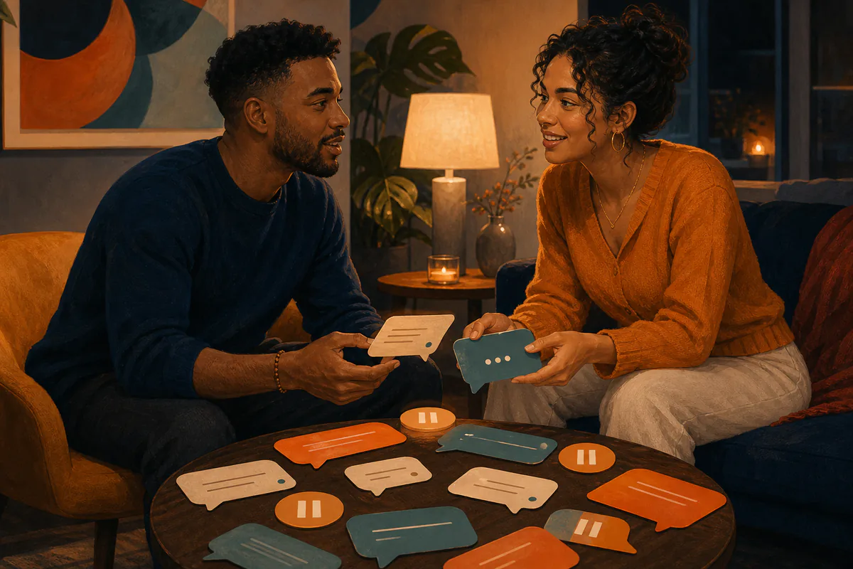 Two adults practice conversation timing with message cards and pause tokens.
