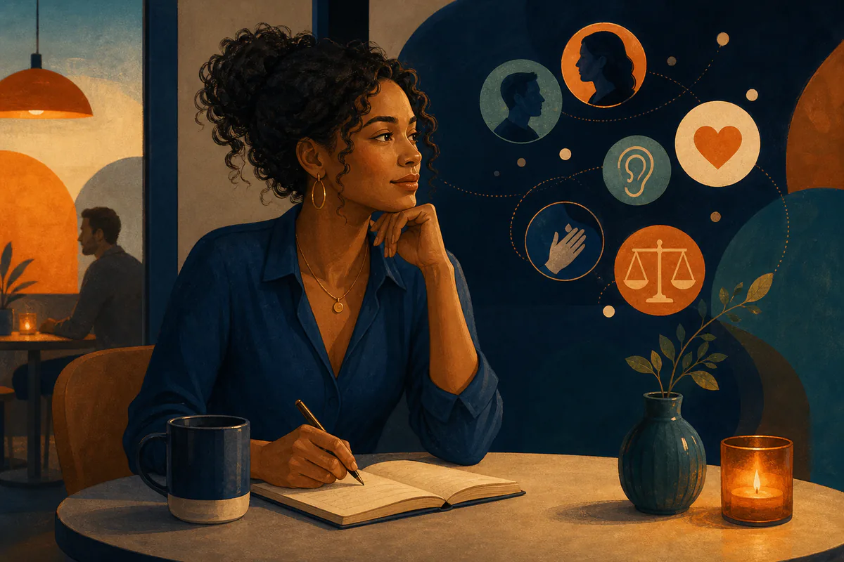 A woman journals beside symbols for listening, empathy, love, and balance.