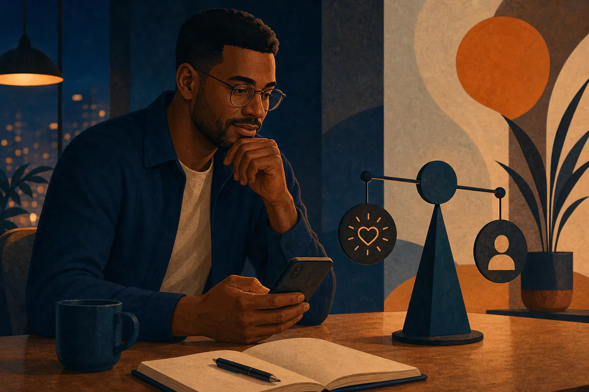 A man reviews his phone beside a balance scale holding heart and person symbols.