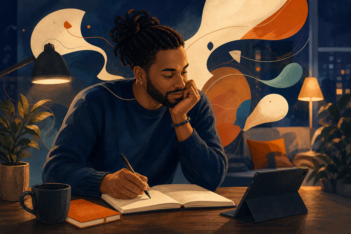A man plans beside a tablet as abstract conversation shapes flow behind him.
