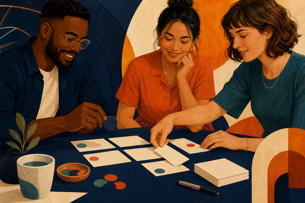 Three adults arrange question cards and colored tokens around a table.
