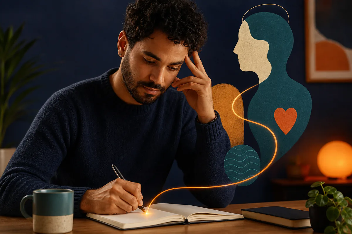 A man writes in a notebook beside a connected silhouette, heart, and flowing lines.