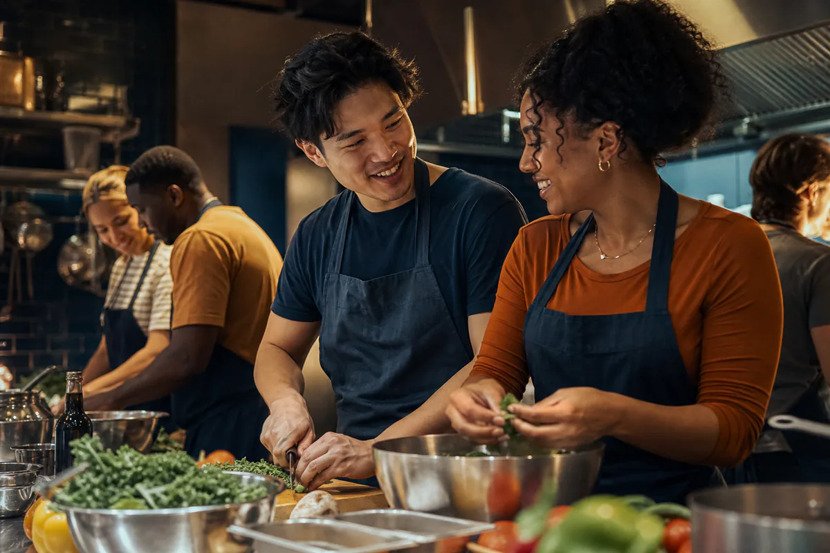 A smiling couple prepares vegetables together in a community kitchen.