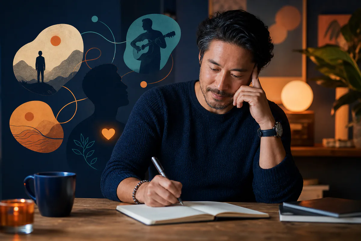 A man writes in a notebook beside symbols for music, travel, and connection.
