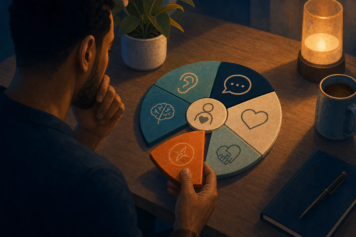 A man fits a compass piece into a circular diagram of relationship skills.