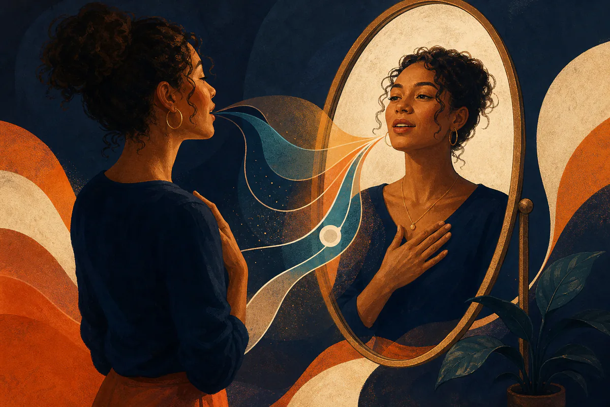 A woman practices an authentic voice in a mirror as colored lines converge.