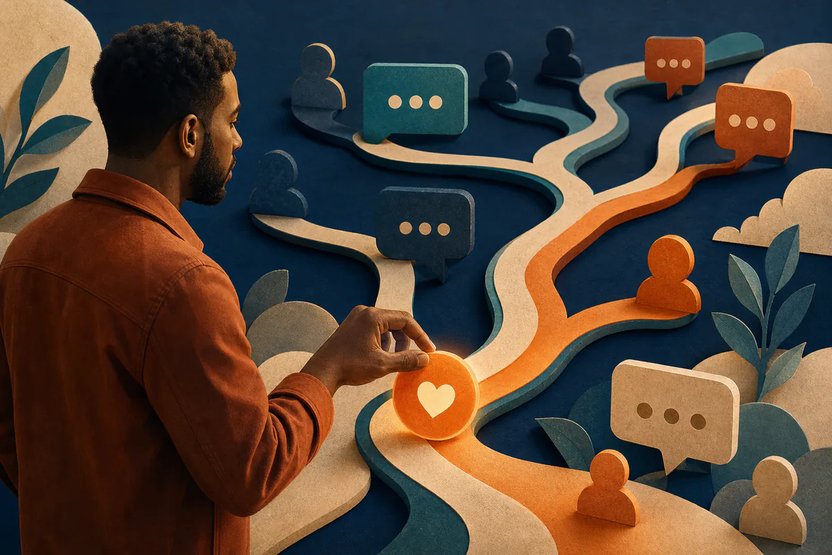 A man selects a path through branching message bubbles and connection symbols.