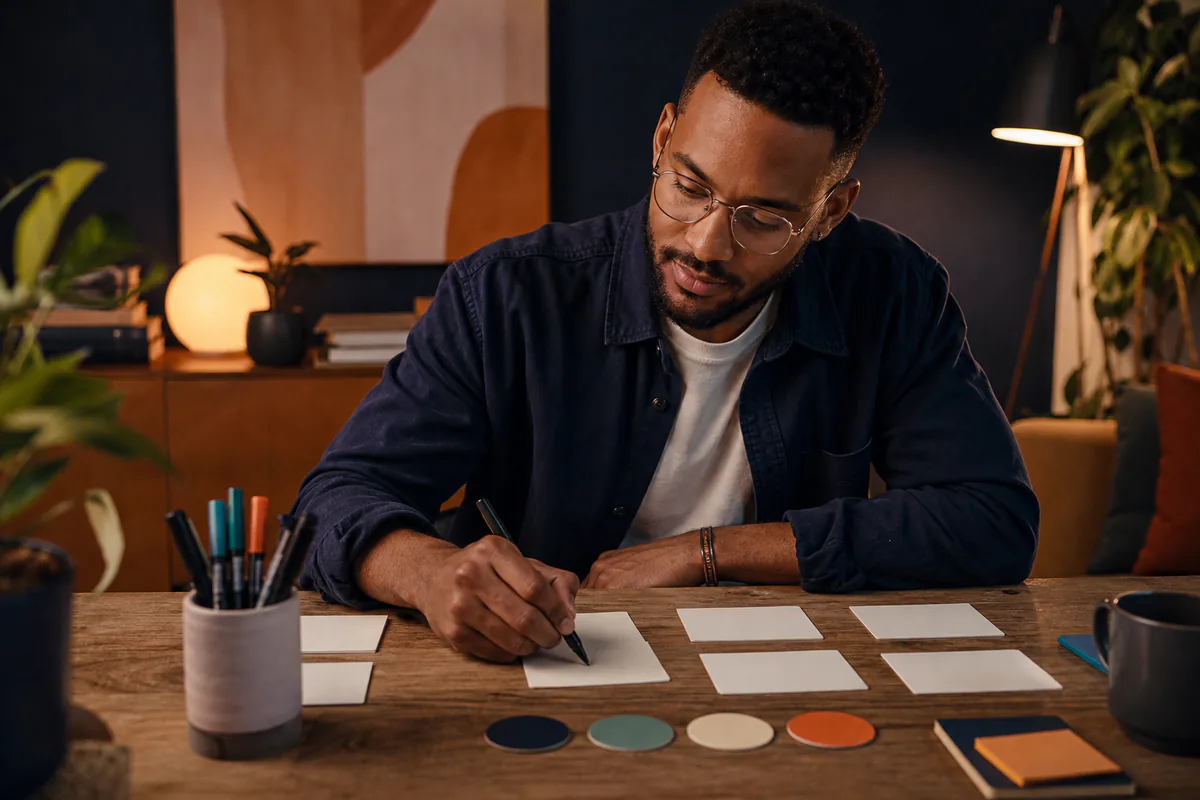 A man drafts short profile copy on blank cards beside colored tone markers.