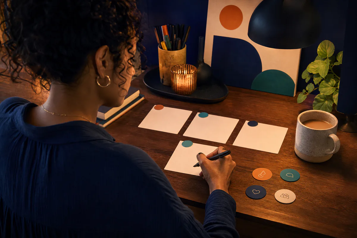 A woman organizes blank caption cards with color-coded tone symbols.
