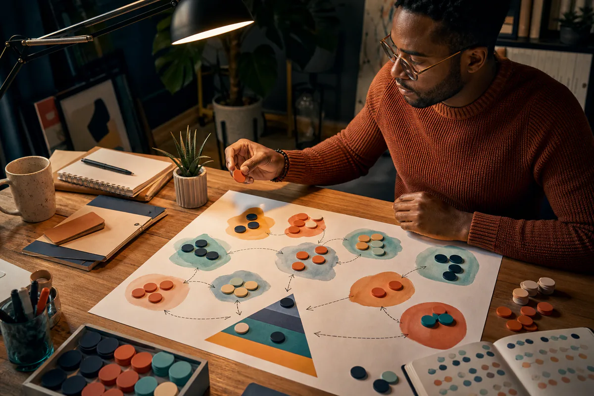 A man maps color-coded topic clusters with tokens and arrows on a large sheet.