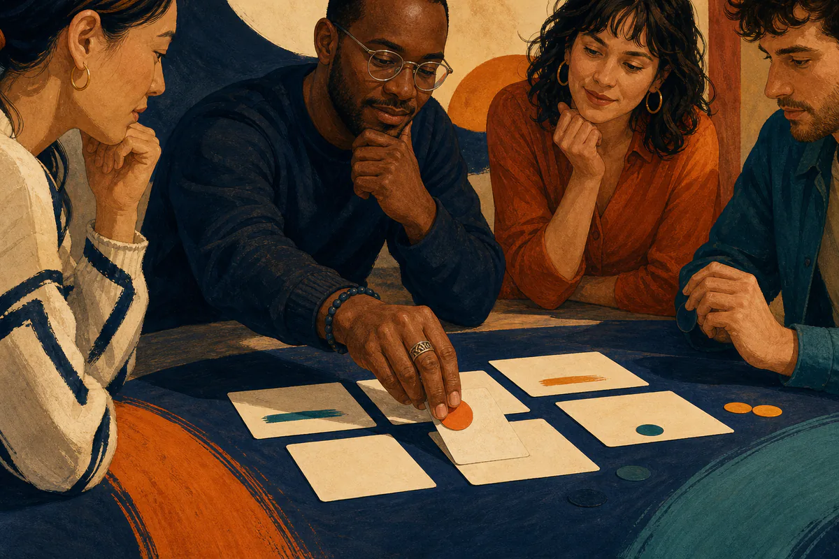Four adults choose among blank message cards and colored tone markers.