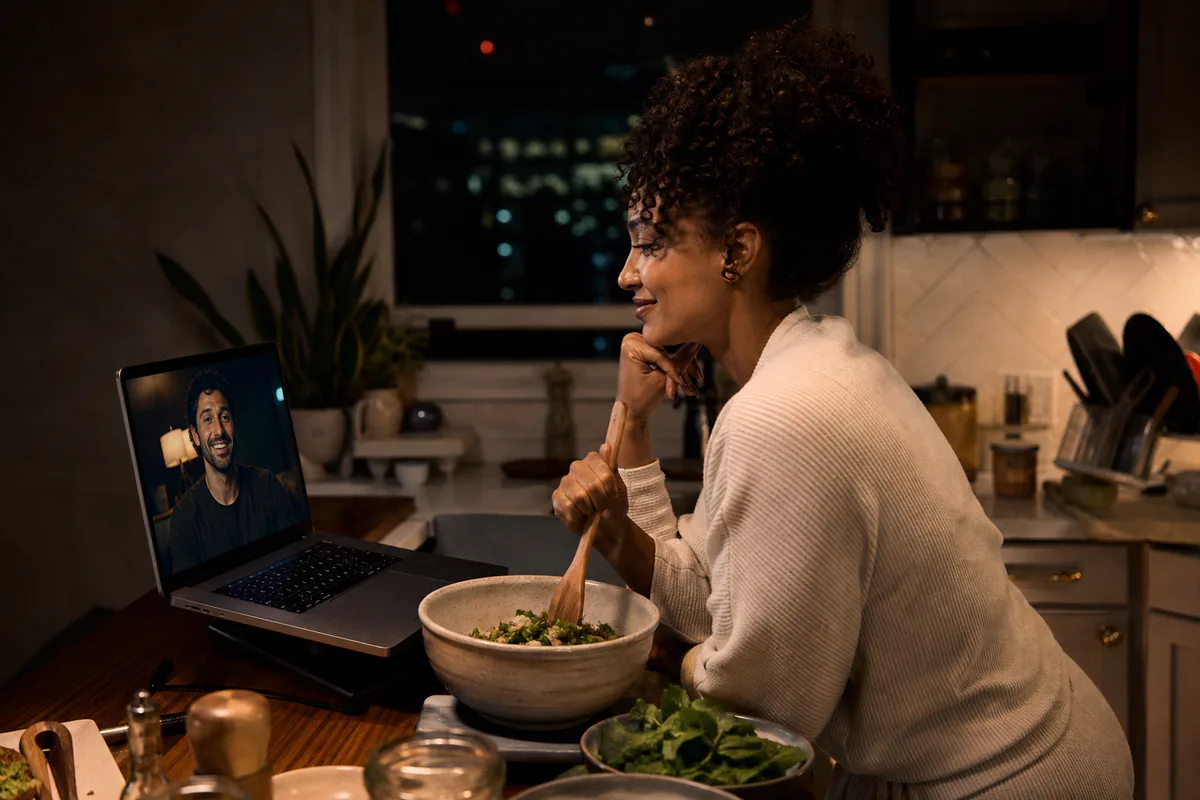 A woman cooks while video calling her partner on a laptop.