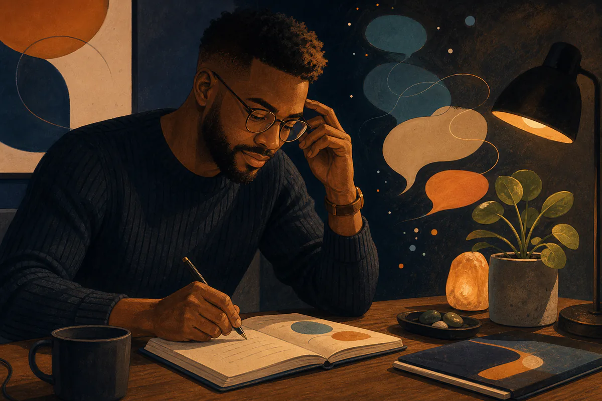 A man drafts low-pressure openers in a notebook beneath quiet speech bubbles.