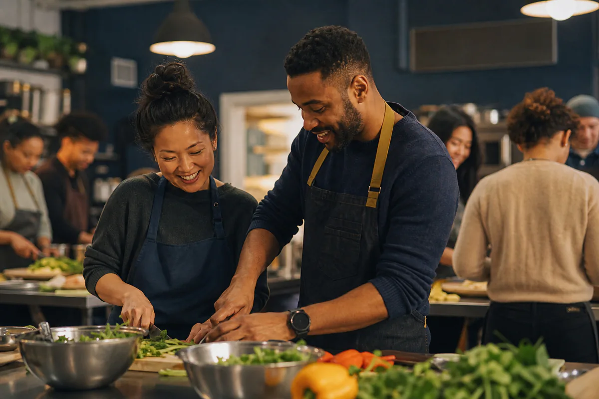 A couple prepares vegetables together during a group cooking class.