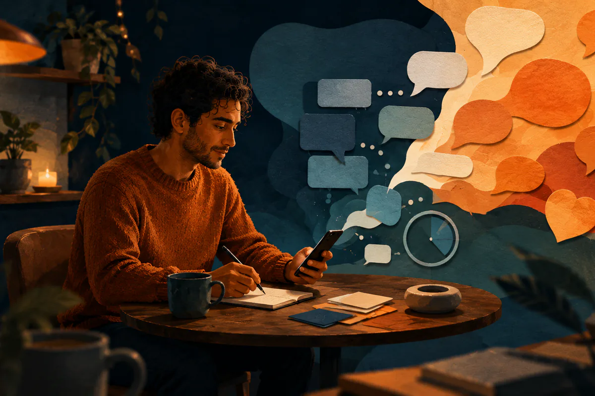A man reviews his phone and notes beside contrasting streams of message bubbles.