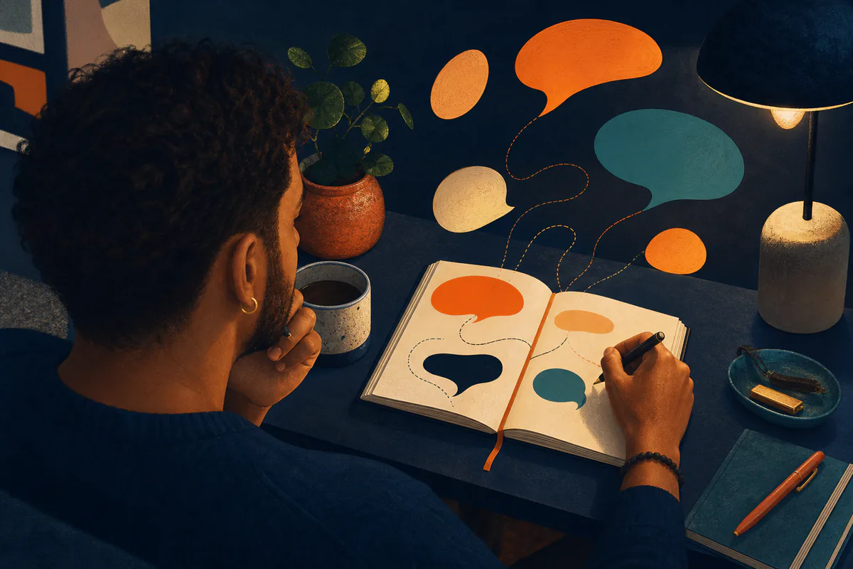 A man draws connected speech bubbles in an open notebook.