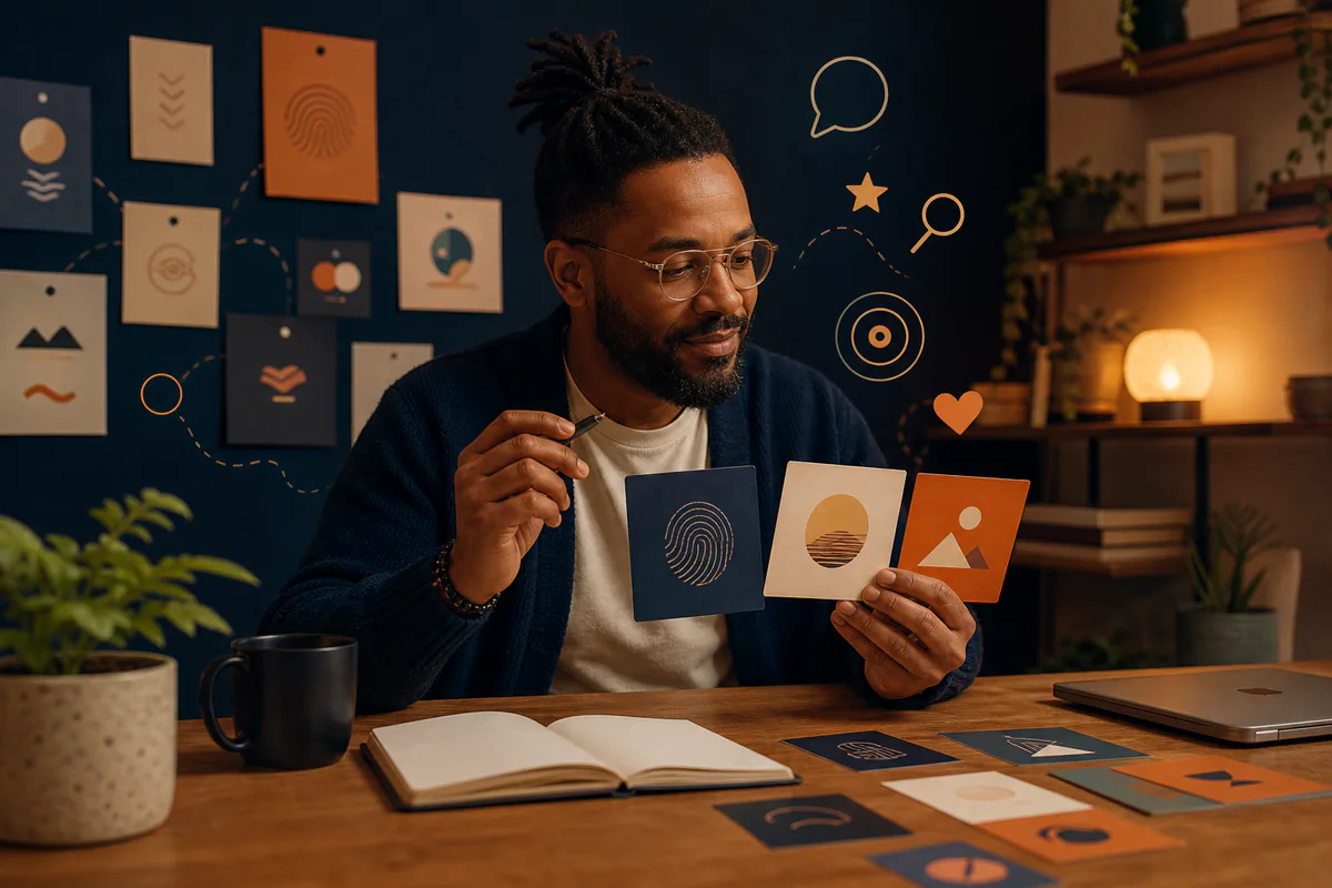 A man compares three abstract identity cards and matching brand symbols.