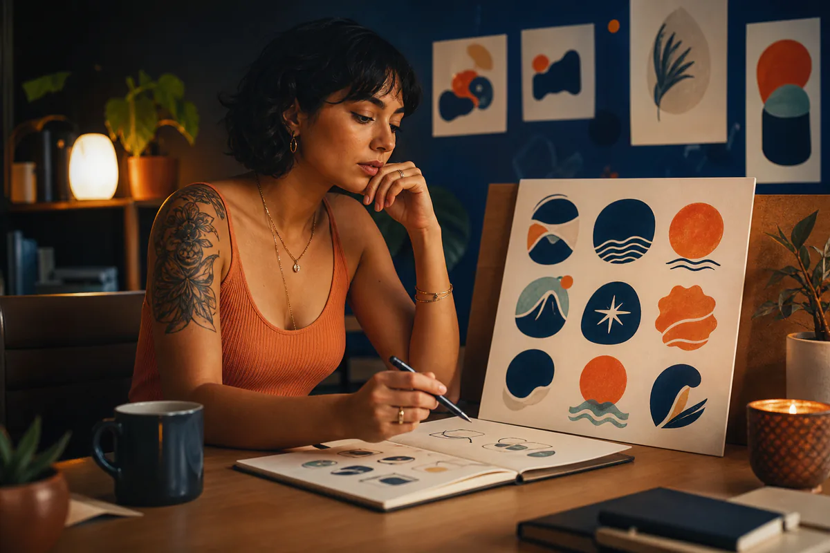A woman sketches a set of abstract brand marks for a memorable username.
