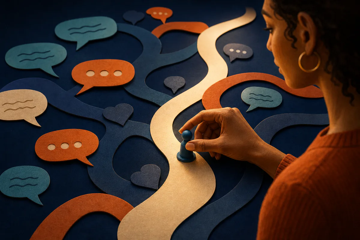 A hand moves a piece through branching paths surrounded by abstract messages.